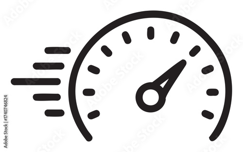 Black outline icon of a speedometer with pointed needle indicating speed, accompanied by three motion lines on the left suggesting fast movement.