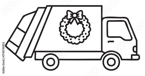 Black outline drawing of a garbage truck with a festive wreath decoration on its side, symbolizing holiday waste collection.