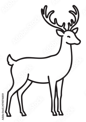 Black outline of a standing deer with large antlers, depicted in a simple and minimalistic style for nature and wildlife themes.