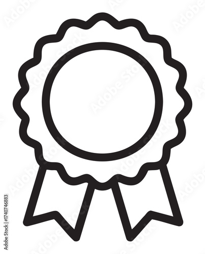 Black outline icon of an award ribbon with scalloped edges and two hanging tails, symbolizing achievement or recognition.