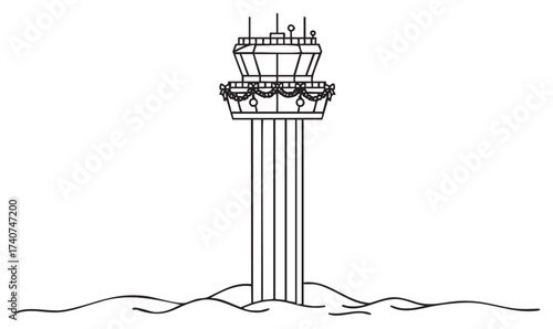 Black outline vector icon of a tall aircraft control tower with an octagonal glass observation deck. simple linear illustration for aviation and airport concepts.