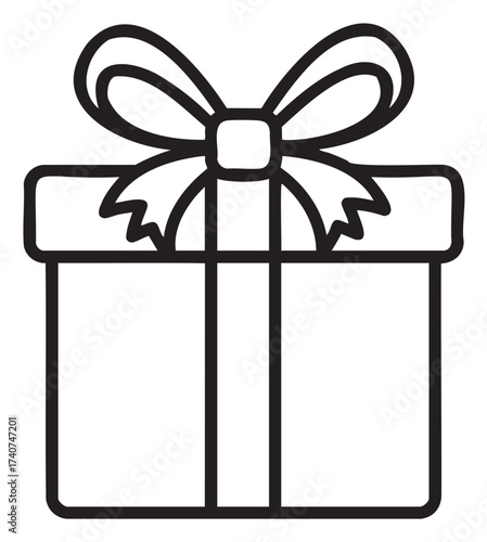 Black outline icon of a gift box tied with a large bow, symbolizing celebration and gifting.