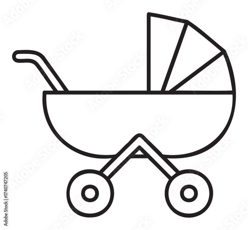 Black outline of a simple baby stroller with two round wheels and a handle, featuring a partially closed canopy.