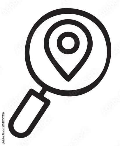 Black outline icon of a magnifying glass highlighting a map pin, symbolizing location search and navigation.