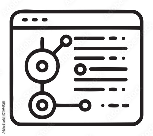 Black outline vector icon of a computer window displaying a flowchart and text, representing a digital process or data analysis.