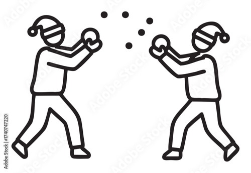 Black outline of two figures in santa hats engaging in a playful snowball fight with snowflakes around them.