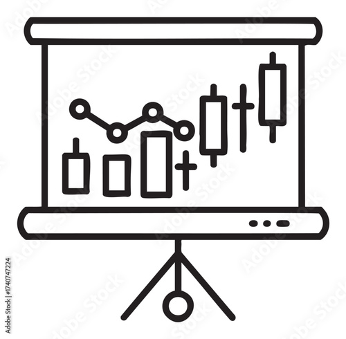 Black outline icon of a tripod projector screen displaying a candlestick chart with multiple bar indicators, symbolizing financial analysis and stock market trends.