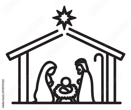 Black outline illustration of a nativity scene with a star above, depicting mary, joseph, and baby jesus in a simple stable.
