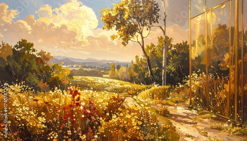 Fototapeta Naklejka Na Ścianę i Meble -  Beautiful landscape painting of a sunny meadow with flowers and trees