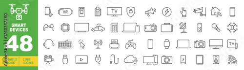 Smart Devices line icon set. Editable stroke icons for website. Containing drone, vr, memory card, phone, tv, shield, megaphone, lightning, hand, camera, house, phone, controller, chip, tv, car.