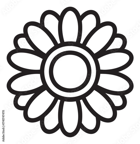 Black outline icon depicting a simple circular flower with petal shapes radiating outward from a central circle.