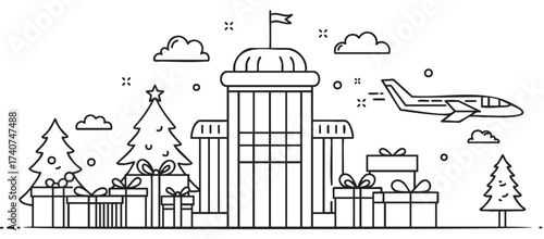 Black and white line art of a festive airport scene with a dome building, christmas tree, gifts, and a plane flying past.