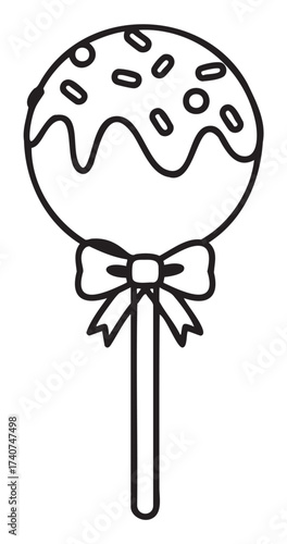 Black outline of a cake pop with a wavy icing design and a bow on the stick, suited for dessert and celebration themes.