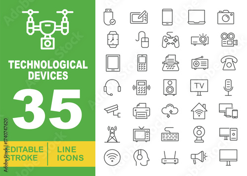 Technological Devices line icon set. Editable stroke icons for website. Containing USB, tablet, phone, laptop, camera, watch, mouse, controller, projector, video camera, tablet, phone, typewriter.