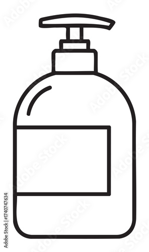 Black outline vector icon of a pump-top bottle with a blank label, suitable for packaging, cleanliness, and personal care concepts.