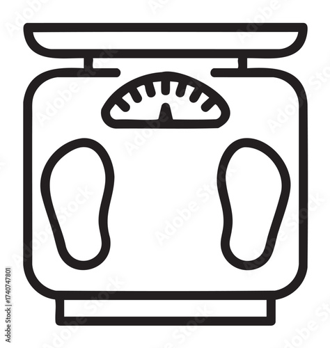 Black outline icon of a bathroom scale with a dial and two feet symbols, indicating weight measurement.