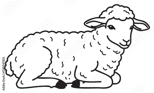 Black outline vector illustration of a curly-haired sheep lying comfortably, showcasing its woolly texture and serene expression.