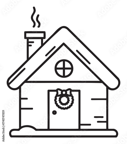 Simple black outline of a cozy log cabin with a chimney and a front door wreath, symbolizing warmth and festive spirit.