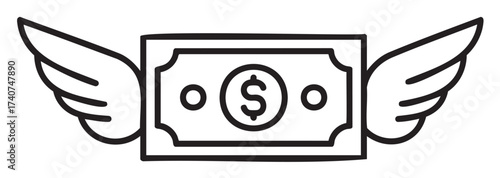Black outline icon of a dollar bill with wings, representing financial freedom and economic mobility.