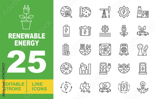Renewable Energy line icon set. Editable stroke icons for website. Containing globe, thermometer, oil rig, gear, factory, battery, battery, wave, plant, car, battery, earth, fan, cooler, factory.