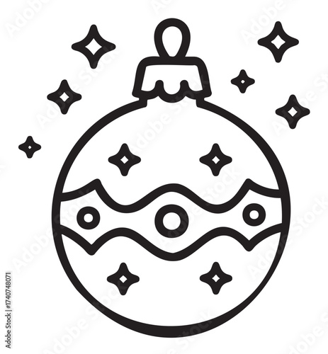 Black outline vector icon of a decorative christmas ornament with wavy pattern and surrounding stars. simple linear illustration for holiday and festive concepts.