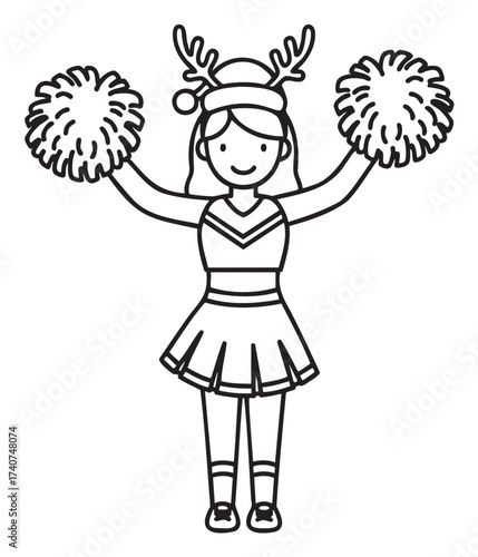 Black outline vector of a female cheerleader with antler headband holding pom-poms, wearing a festive uniform and smiling.