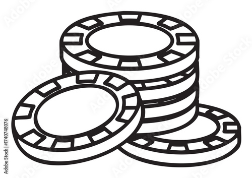 Black and white outline drawing of a stack of poker chips, neatly arranged in a pile, symbolizing gambling and casino activities.