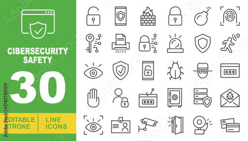 Cybersecurity Safety line icon set. Editable stroke icons for website. Containing unlock, phone, brick wall, lock, bomb, target, key, document, shredder, lock, siren, shield, person, eye, shield, lock