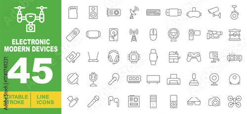 Electronic Modern Devices line icon set. Editable stroke icons for website. Containing drone, sd card, speaker, graphics card, satellite, keyboard, vr, camera, bike, remote, vr, hard drive, tower.