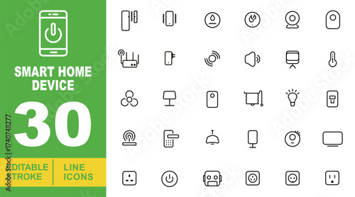 Smart Home Device line icon set. Editable stroke icons for website. Containing chip, water drop, flame, camera, remote, router, plug, sound, monitor, temperature, fan, lamp, door, blinds, light bulb.