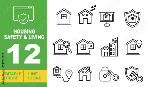 Housing Safety & Living line icon set. Editable stroke icons for website. Containing house, sleeping, house, shield, house, magnifying glass, lock, building, house, light bulb, house, map, house, lock