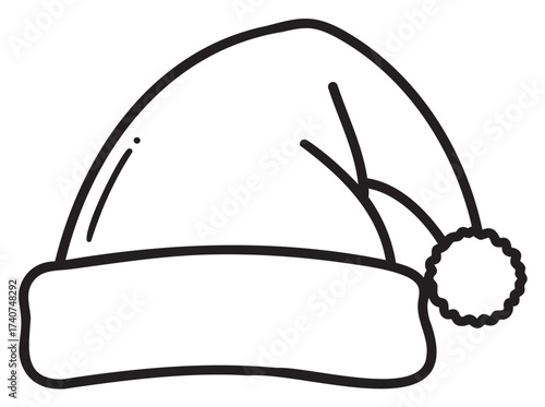 Black outline of a simple santa hat with a pom-pom and folded brim in a minimal style.