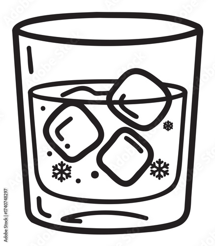 Black outline drawing of a simple drinking glass filled with ice cubes and small snowflake symbols, suggesting a cold beverage.