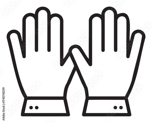 Black outline vector icon of a pair of simple gloves with cuffs, positioned side by side, representing clothing and protection concepts.