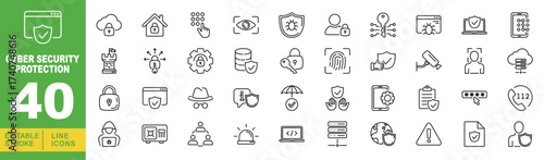 Cyber Security Protection line icon set. Editable stroke icons for website. Containing cloud, lock, house, lock, keypad, eye, bug, user, lock, network, lock, fingerprint, shield, camera, user, cloud.