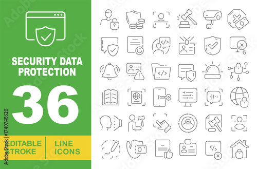 Security Data Protection line icon set. Editable stroke icons for website. Containing user, lock, coins, user, hammer, camera, checkmark, document, user, id card, checkmark, browser, alarm, user.