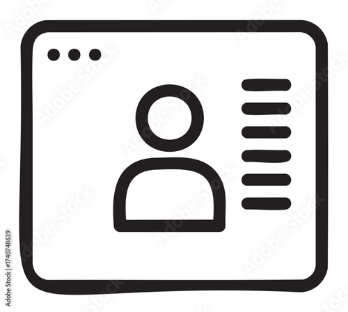 Minimal black outline icon of a user profile page with a simple avatar and text lines on the side.