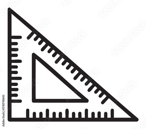Black outline icon of a simple triangular ruler with measurement markings. minimal linear design for education, geometry, and drafting concepts.
