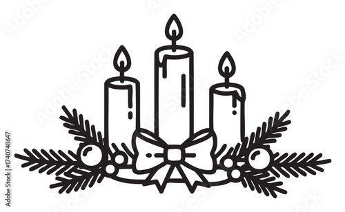 Black outline of three festive candles with dripping wax, surrounded by pine branches, berries, and a decorative bow.