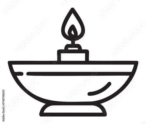 Black outline icon of a traditional oil lamp with a visible flame and wick. minimal linear design for cultural and spiritual themes.
