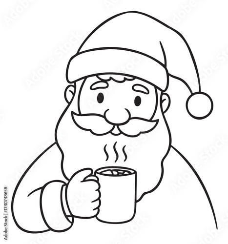 Black outline drawing of a cheerful santa claus with a long beard, holding a steaming mug, wearing a classic santa hat and coat.