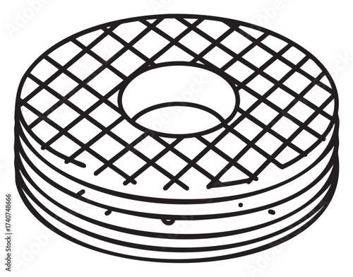 Black outline drawing of a round layered waffle cookie with crisscross pattern and hole in the center on a white background.
