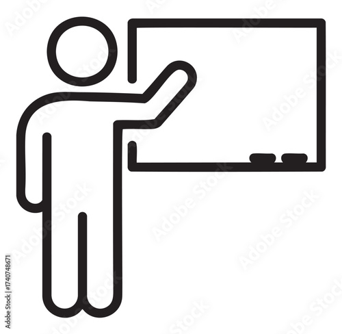 Black outline icon of a person standing and pointing at a rectangular board, representing teaching or presentation.