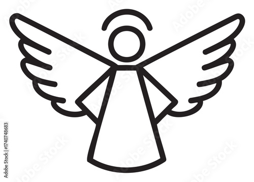 Simple black outline vector icon of an angel with wings and a halo, featuring a minimalistic design for religious or spiritual themes.