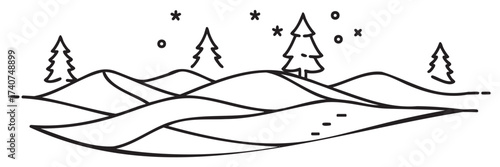 Simple black outline illustration of rolling hills with sparse pine trees and small symbols representing stars or snowflakes.