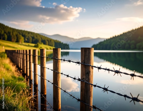 Serene Lakeside Fence at Sunset