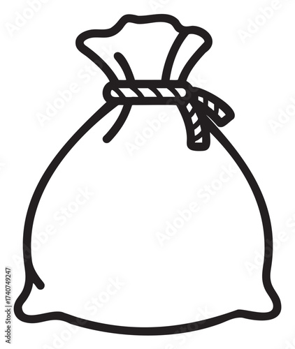 Simple black outline drawing of a knotted sack, featuring a looped rope closure at the top. minimalistic depiction for packaging and storage concepts.