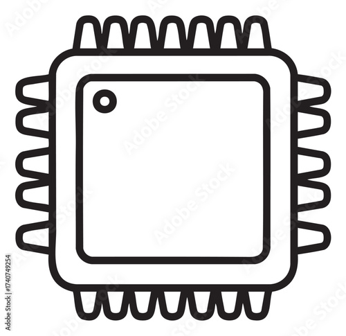 Black outline icon of a simple microchip with a square shape and protruding pins on each side.