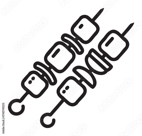 Black outline icon of two skewers with alternating pieces of meat and vegetables, illustrating minimal food concept for grilling or barbecue.