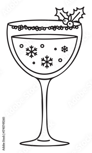 Black outline drawing of a festive cocktail glass decorated with holly and snowflakes, symbolizing a winter holiday theme.